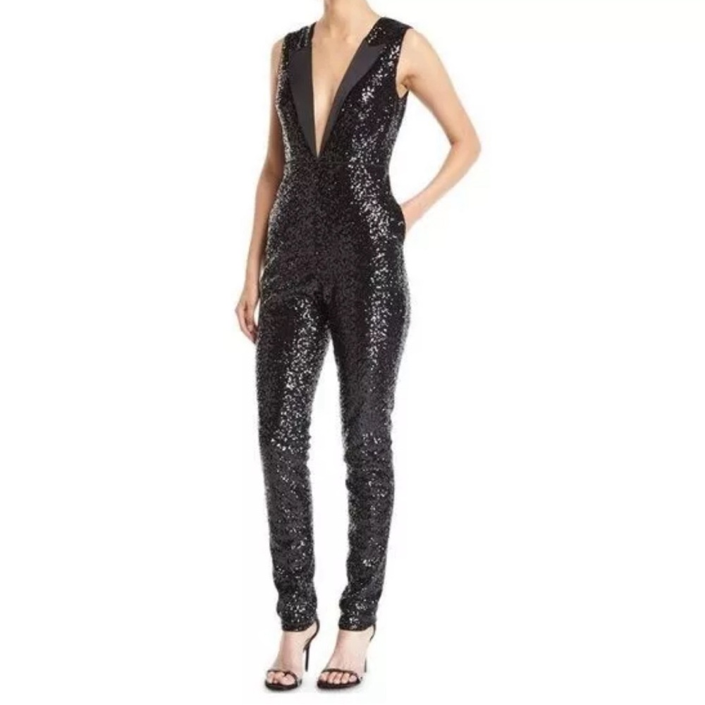 Aidan Mattox Sequins V-Neck sleeveless Tuxedo jumpsuit